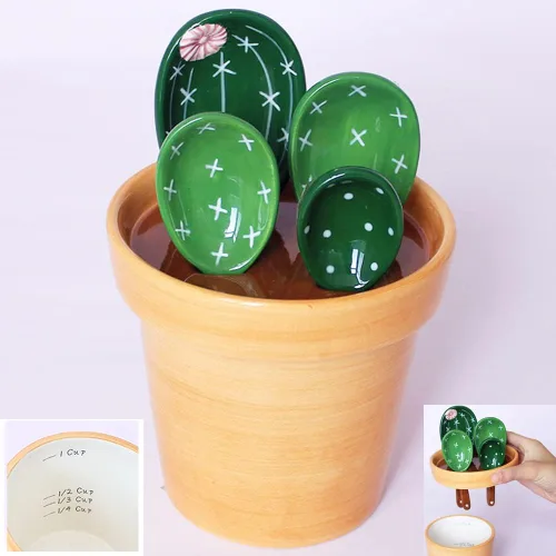 Miniatura 8 de Juego de cucharas medidoras de cactus en maceta de cerámica. Lindas tazas medidoras y cucharas únicas para hornear. Regalos para ingredientes secos