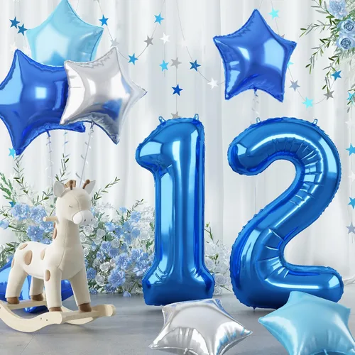 Globos con números grandes azul oscuro real 12, 40 pulgadas autoinflables, helio azul bebé claro 12 globos de decoración, globo de aluminio Mylar