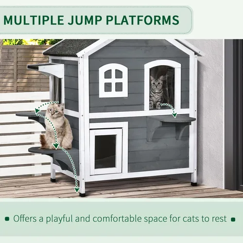 Miniatura 3 de Casa para gatos de 2 pisos al aire libre, recinto de madera resistente a la intemperie