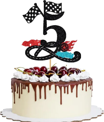 Miniatura 11 de Decoración para tartas de cumpleaños número 13, decoración para tartas de trece años con purpurina rápida, bandera a cuadros, pista de carreras