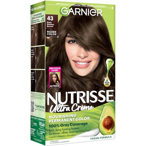 Garnier Color de Cabello Nutrisse Crema Nutritiva, 43 Marrón Dorado Oscuro (Grano de Cacao) Tinte Permanente para el Cabello, 1 Unidad (El Empaque