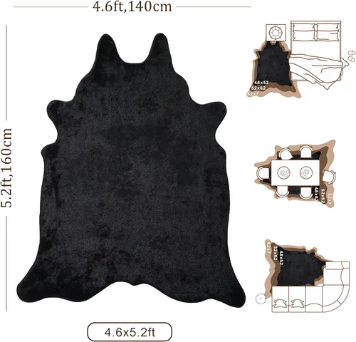 Miniatura 2 de Alfombra de Piel Sintética de Vaca Negra, Alfombra de Piel de Vaca con Estampado de Vaca para Sala de Estar y Dormitorio, 4.6 x 5.2 Pies - Estampado