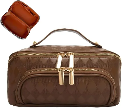 Miniatura 11 de Bolsas de maquillaje a cuadros de gran capacidad, bolsas de cosméticos portátiles de viaje, bolsa de aseo abierta y plana para mujeres y niñas