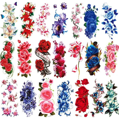 Miniatura 8 de Tatuajes temporales florales de 21 hojas, diseños brillantes de peonías y rosas en 3D, arte corporal impermeable para mujeres y niñas, calcomanías