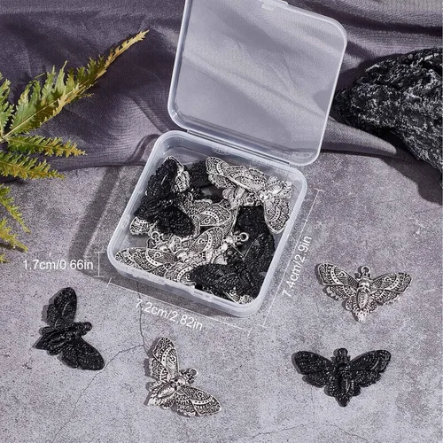 Miniatura 7 de SUNNYCLUE 1 caja de 20 dijes góticos de polilla de 1.614 x 1.024 in para Halloween, calavera y esqueleto para Halloween, diseño de animal volador