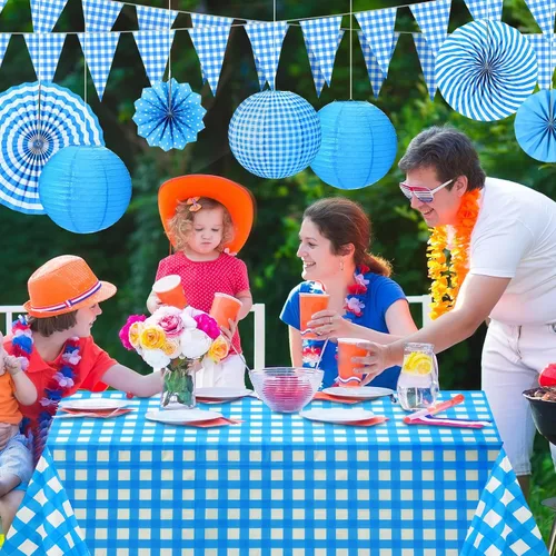 Miniatura 5 de Hortsun 18 piezas de decoración de fiesta de pícnic, suministros de fiesta de cuadros a cuadros que incluyen banderines a cuadros, abanicos de papel