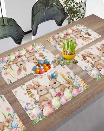 Miniatura 5 de Juego de 4 manteles individuales con diseño floral de conejo de Pascua, manteles individuales lavables para cocina, mesa de comedor, manteles