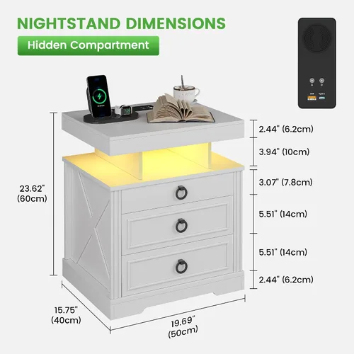 Miniatura 2 de HNEBC Mesita de noche con cajones para armas, mesita de noche de granja con estación de carga, mesita de noche secreta con luz automática de 3