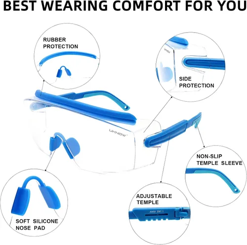 Miniatura 5 de UKNOW Gafas de Seguridad Sobre Lentes, Gafas de Seguridad Antiempañamiento con Lente Envolvente Transparente, Gafas Protectoras ANSI Z87.1 Azul