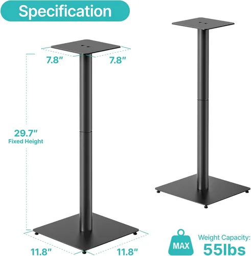 Miniatura 8 de Par de soportes para altavoces, altura fija de 30 pulgadas, capacidad de peso de 55 libras, base de 11.8 pulgadas, gestión de cables, soporte