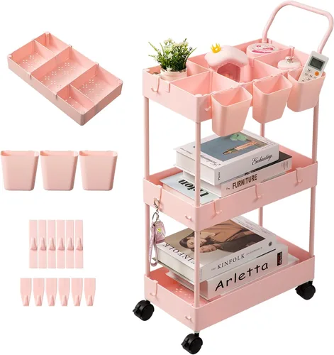 danpinera Carrito de almacenamiento delgado, carrito rodante estrecho de 3 niveles con ruedas, organizador de baño con divisores, mango, ganchos