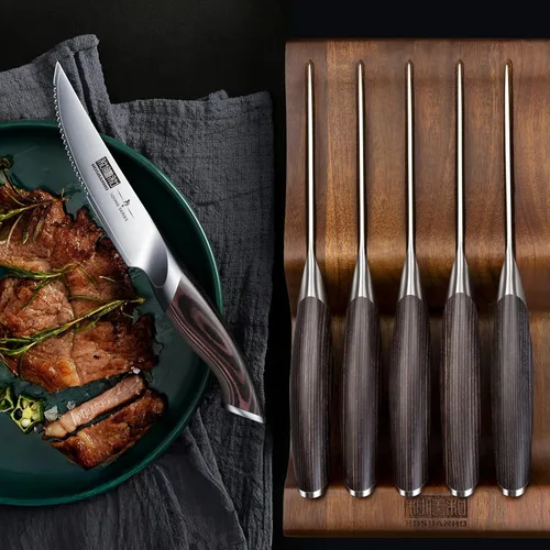 Miniatura 6 de HOSHANHO Juego de 7 cuchillos para carne, juego de cuchillos para carne de 4.5 pulgadas con bloque, cuchillos de cocina de acero al carbono japonés