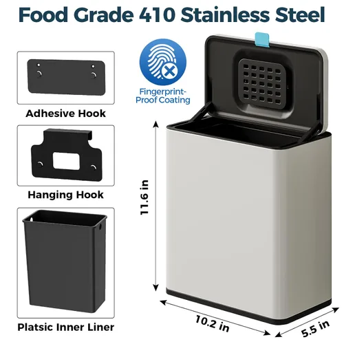 Miniatura 6 de Basurero colgante de acero inoxidable con tapa y cubo interior, contenedor de compost de cocina de 2 galones para encimera, debajo del fregadero