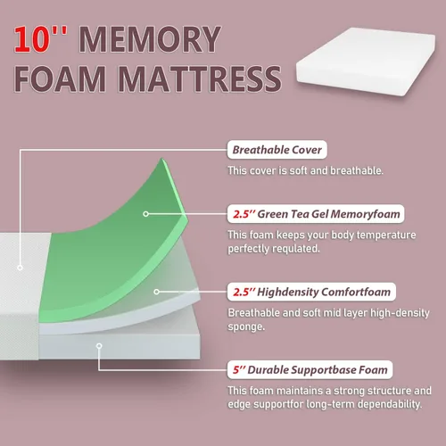 Miniatura 4 de PayLessHere Colchón Queen de 10 pulgadas, colchón de espuma viscoelástica de té verde con certificado CertiPUR-US, funda suave extraíble, sin fibra