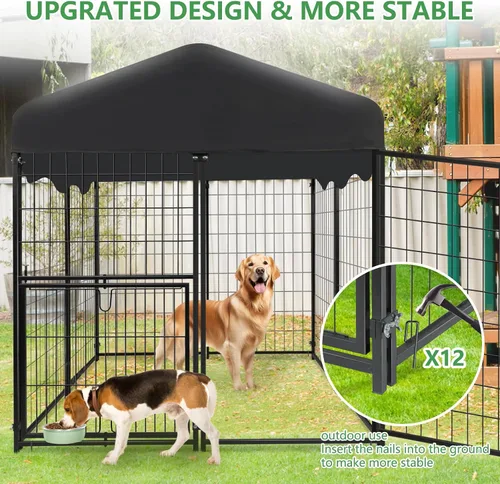Miniatura 6 de Perrera para Perros al Aire Libre 4x4.2x4.5 pies, Perrera Exterior para Perros con Techo, Perreras Grandes para Perros con Puerta Giratoria y 2