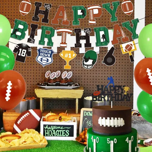 Miniatura 7 de Paquete de decoraciones de cumpleaños de fútbol Pancartas de feliz cumpleaños preencordadas, decoración de pastel sin bricolaje, globos