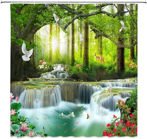 Cortina de ducha con diseño de cascada, naturaleza, bosque, árbol, animales salvajes, ciervos, pájaros, flores, mariposa, amanecer, verano, paisaje,