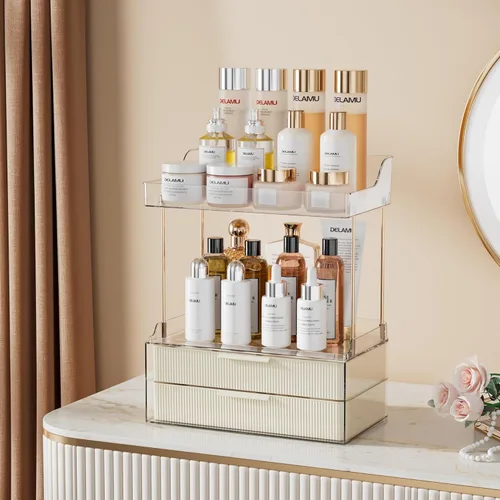 Miniatura 3 de Delamu Organizadores y Almacenamiento de Baño, Organizador de Maquillaje de 2 Niveles 2 Cajones para Encimera, Fácil de Instalar, Ideal para Blanco