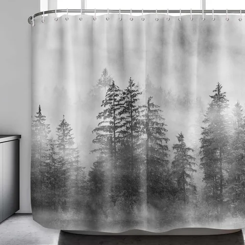 Miniatura 14 de Cortina de ducha estrecha para hombre, diseño de bosque negro y gris, para casa rodante, juego de decoración de baño, tela impermeable con ganchos