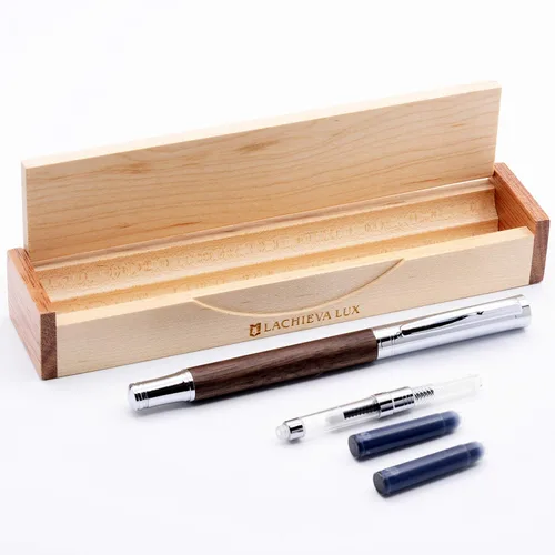 Miniatura 2 de LACHIEVA Lux ury - Pluma estilográfica de nogal, bonito bolígrafo con punta fina de fabricación alemana, convertidor, cartuchos. Bonito juego de Nuez