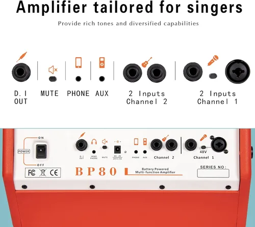 Miniatura 4 de Coolmusic Amplificador de guitarra acústica con batería BP80 - Altavoz Bluetooth portátil 100W, 6 entradas, ecualizador de 3 bandas, naranja