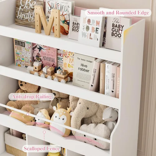 Miniatura 6 de HITHOS Estantería infantil de 55.3 pulgadas de alto con organizador de almacenamiento de juguetes, estante alto para libros con 3 contenedores Rosa