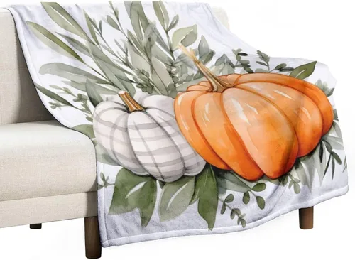 Miniatura 36 de Manta de lana cuadriculada con diseño de calabaza, hojas de arce, Acción de Gracias, manta de cama para otoño, Acción de Gracias, ligera, súper