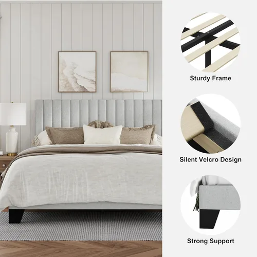 Miniatura 4 de IOILORI Base de cama tamaño completo, cama de plataforma tapizada en tela con cabecera ajustable, marco resistente y listones de madera, silenciosa
