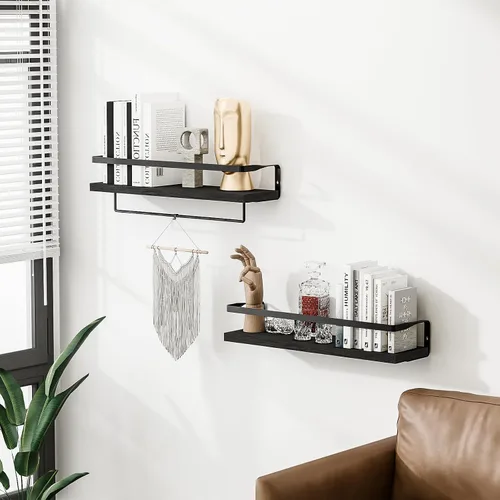 Miniatura 7 de Estantes de baño con toallero, estantes flotantes para baño, cocina, dormitorio, madera de paulownia, marco de metal negro mate, juego de 2