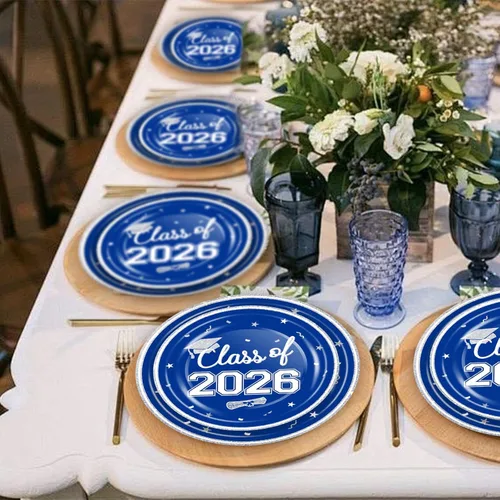 Miniatura 7 de OuMuaMua suministros de vajilla para fiesta de graduación 2026 - 200 piezas, platos y servilletas desechables azules y blancas para la decoración