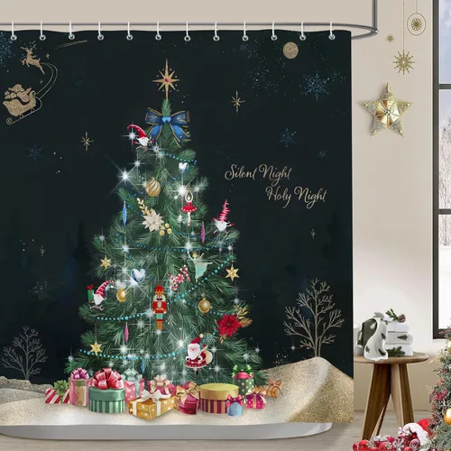 Bonhause Cortina de Ducha de Árbol de Navidad Cajas de Regalo de Árbol de Navidad Noche Milagrosa Cortina de Baño Decorativa 72 x 72 Pulgadas Tela