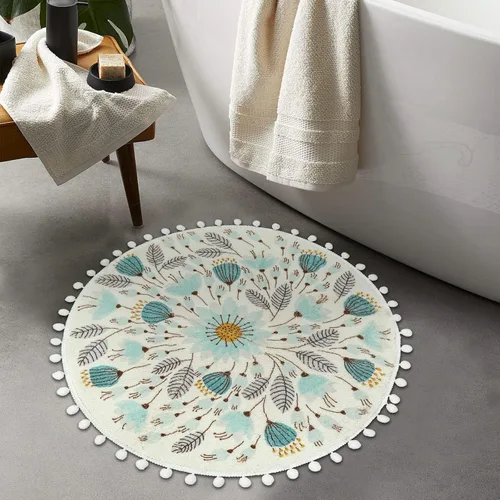 Miniatura 5 de Uphome Alfombra Redonda Pequeña de 2' Círculo Tapete de Baño Lindo con Pompones Flecos Diseño Floral de Plantas Alfombras de Baño Lavables Suaves