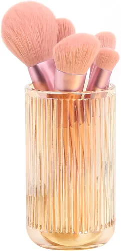 Miniatura 4 de Amber Glass Organizer Cup, Vintage Striped Brush & Pen Holder Thickened Crystal Glass, 2.84 x 5 Inch, Polished Safe Edges, Reinforced Base