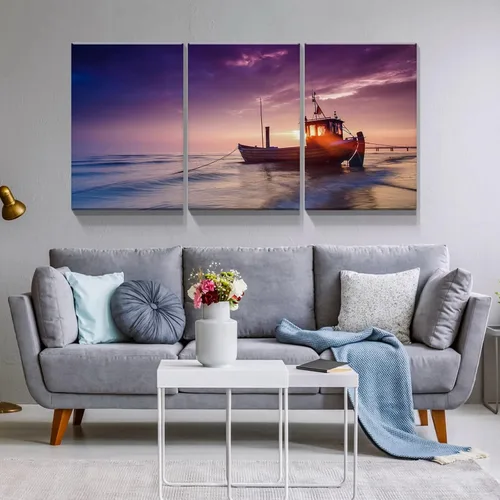 Miniatura 4 de BANHUA1 3 paneles de lienzo con diseño de puesta de sol de mar, arte de pared para decoración del hogar, velero, pintura de pared, impresión sobre