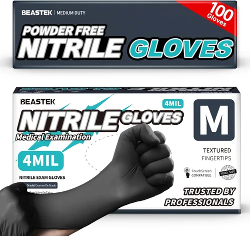 Miniatura 12 de Beastek Black Disposable Nitrile Exam Gloves 100 Pcs 4Mil Chemical Resistant Powder-Free Latex-Free Food Safe Medical Cooking 100 Negro (Large)