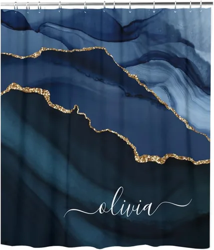 Miniatura 13 de Cortina de ducha azul marino y dorado, cortina de ducha con monograma con nombre personalizado de geoda ágata con 12 ganchos, decoración de bañera