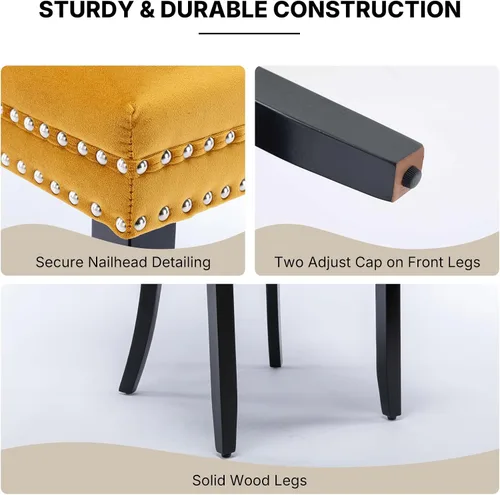 Miniatura 4 de OVENTA Juego de 4 sillas de comedor modernas tapizadas con respaldo completo, sillas de comedor de terciopelo dorado con patas de madera maciza