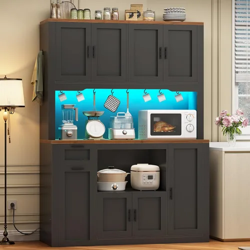 Miniatura 3 de Itaar Armario de despensa de 71 pulgadas con estación de carga y luz LED, armario de despensa de cocina con soporte para microondas, armarios