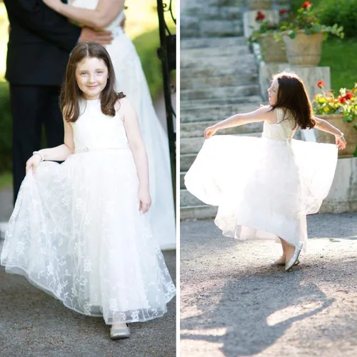 Miniatura 3 de A line Wedding Pageant Lace Flower Girl Dress with Belt