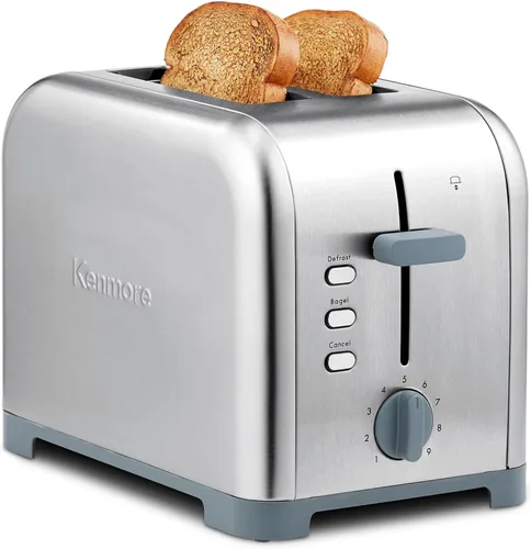 Kenmore - Tostadora de 2 rebanadas, acero inoxidable, ranuras extra anchas, funciones de bagel y descongelación, 9 niveles de tostado, bandeja