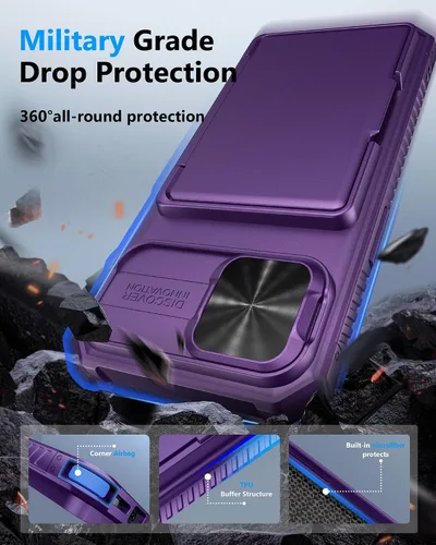 Miniatura 5 de ATATOO Funda para iPhone 16e, tarjetero integrado (almacena 3-5 tarjetas) y cubierta de cámara deslizante y bloqueo RFID, protección de grado