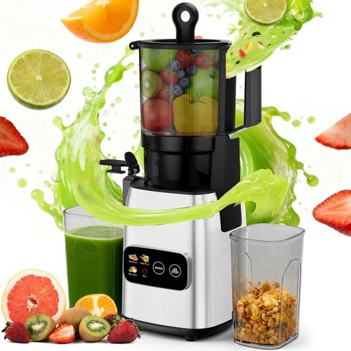 Kismile Exprimidor de prensa en frío de 300 W, conducto de alimentación de 5.4 pulgadas de ancho, máquinas exprimidor de masticación lenta de