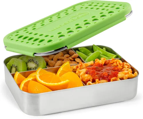 Miniatura 15 de Contenedor de comida con 3 secciones LunchBots Bento Trio, grandes, para niños y adultos., Puntos verdes