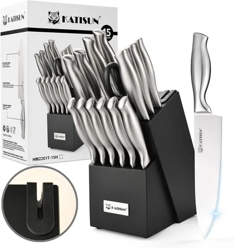 Juego de cuchillos de cocina de 15 piezas con afilador integrado, juego de bloques de cuchillos de acero inoxidable alemán, apto para lavavajillas