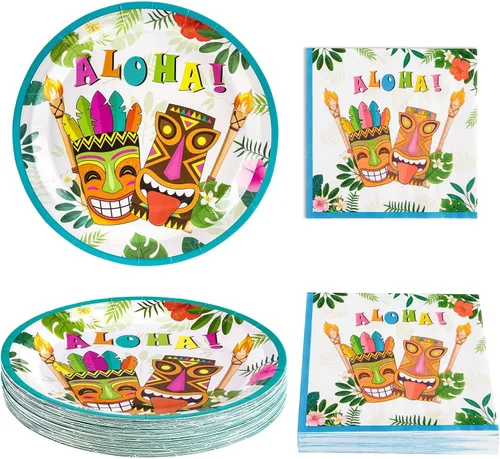 WERNNSAI Aloha Luau - Platos y servilletas – Sirve 50 chuchillos 100 piezas hawaiano tropical Tiki suministros de fiesta desechables juego de