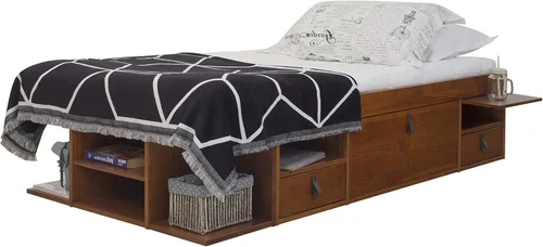 Miniatura 16 de Memomad Bali Slim Set: Plataforma de almacenamiento con cajones + Cabecero de panel plano (Tamaño completo, madera marrón roble)