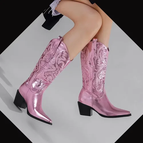 Miniatura 5 de CATISDRA Botas vintage para mujer, botas vaqueras salvajes occidentales, punta puntiaguda, tacón grueso, botas bordadas brillantes