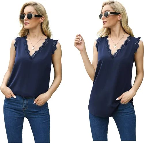 Miniatura 56 de VIISHOW - Camiseta sin mangas, sexy, con cuello en V y bordes de encaje para mujer, camisola de vestir, camisas de gasa, sin mangas, casuales
