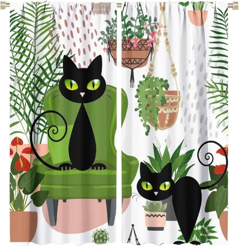 Miniatura 62 de Cortinas de estilo de mediados de siglo, diseño geométrico abstracto moderno, diseño retro, estampado de gato negro, para dormitorio, sala de estar
