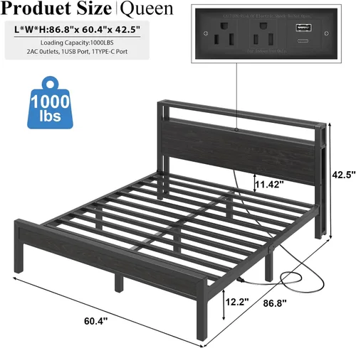Miniatura 2 de Base de cama tamaño Queen con cabecera de almacenamiento, plataforma industrial con estación de carga y luces LED, listones de metal resistentes,